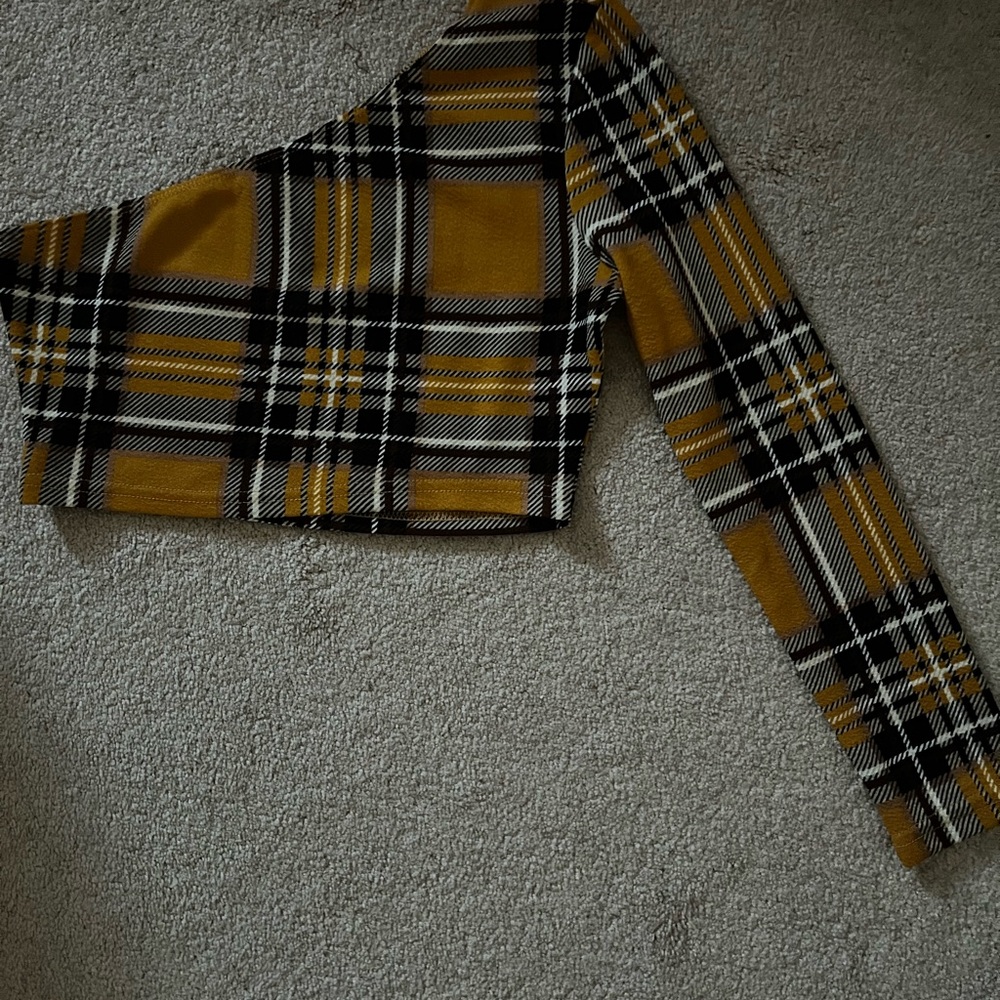 Stylish Mustard Plaid One-Shoulder Top